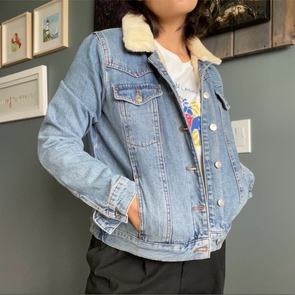 Topshop Jackets & Blazers - Topshop Moto Sherpa Lined Denim Jacket – Blue Jean Jacket (EU 36 / US 4)